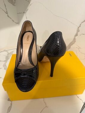 Fendi Black Snakeskin Peep-Toe Pumps with Bow Accent